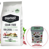 Натурална суха храна OWNAT GRAIN FREE HYPOALLERGENIC PORK MONOPROTEIN - хипоалергенна формула БЕЗ зърнени култури, с 50% прясно свинско 12кг + подарък контейнер